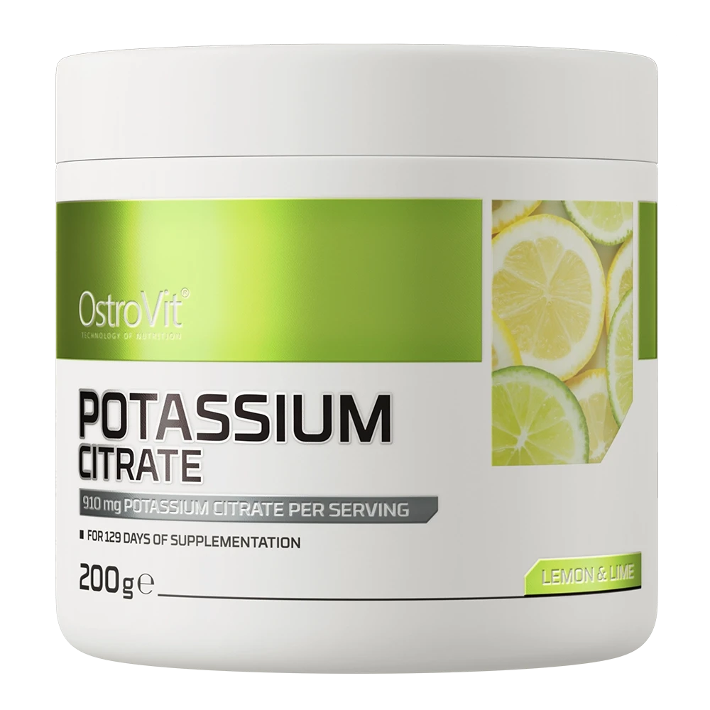OstroVit Potassium Citrate 200g lemon & lime flavour dietary supplement, potassium citrate powder for supplementation, white and green packaging.