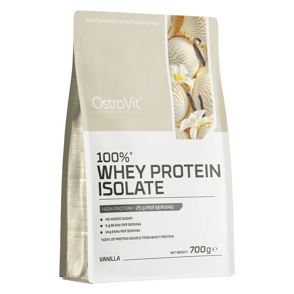 OstroVit 100% Whey Protein Isolate vanilla flavour, 700g pouch, high protein supplement with no added sugar, 6g BCAAs and 14g EAAs per serving.