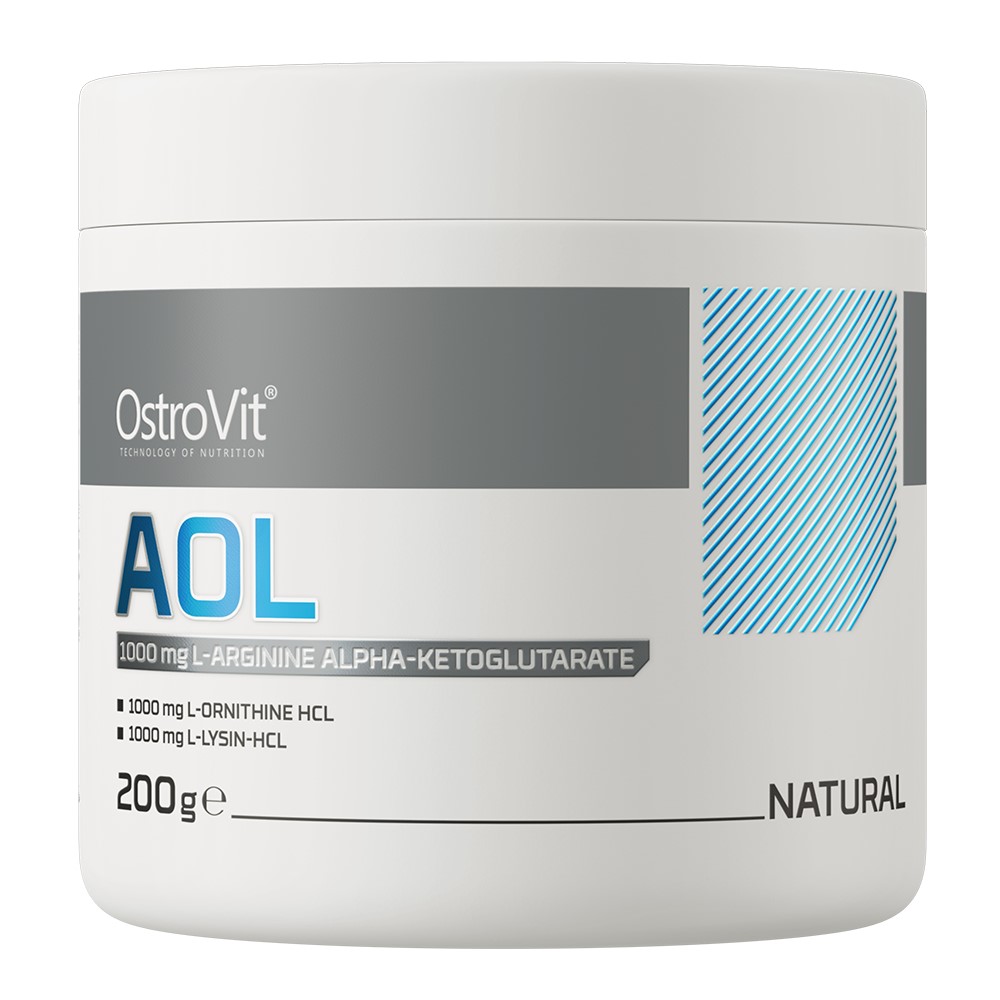 OstroVit AOL 200g amino acid supplement in a white plastic tub with OstroVit Nutrition branding and product label