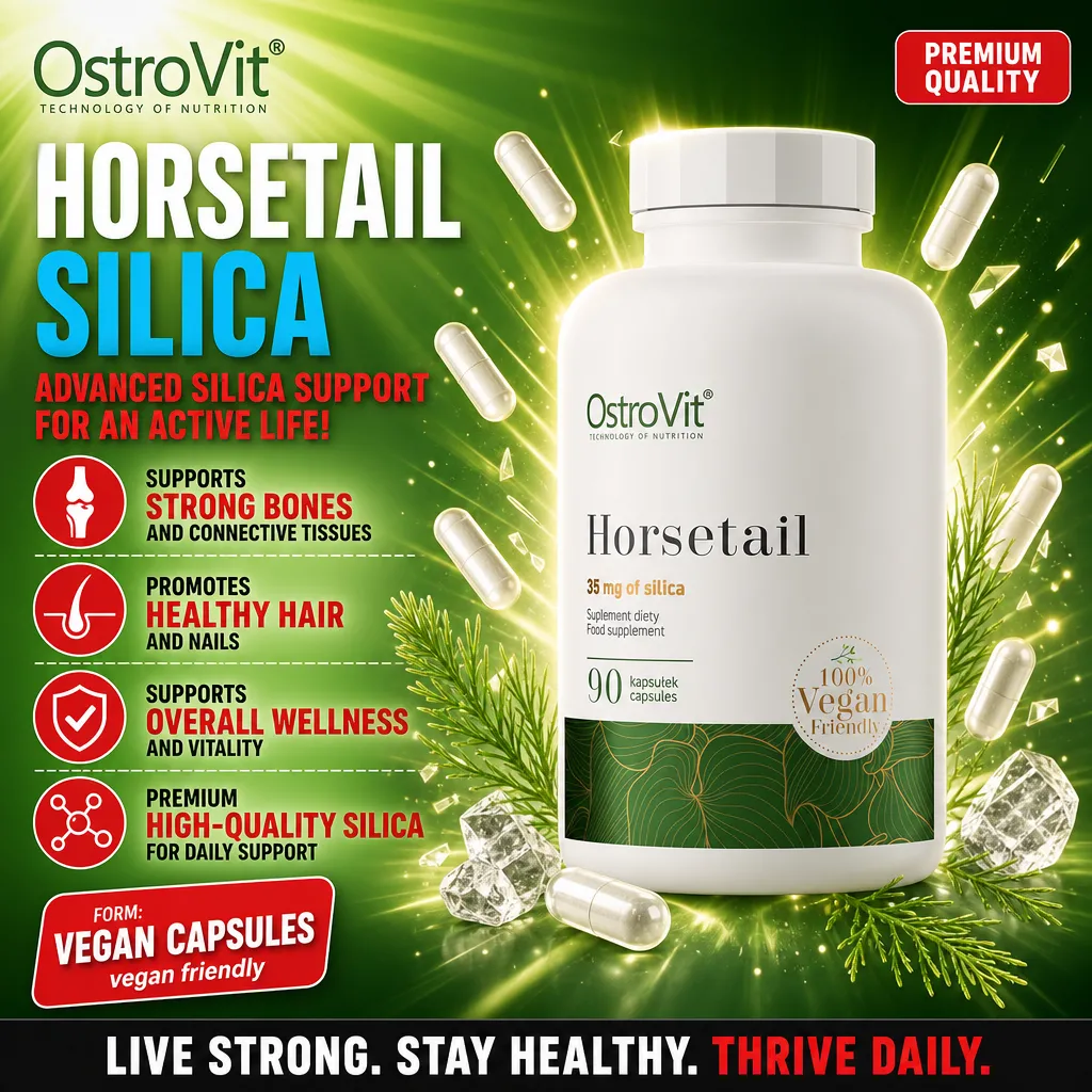 OstroVit Horsetail vegan capsules, 90-count supplement with 35 mg of silica per capsule, supports bones, hair, nails, and overall wellness, 100% vegan friendly, in a white bottle with green accents.