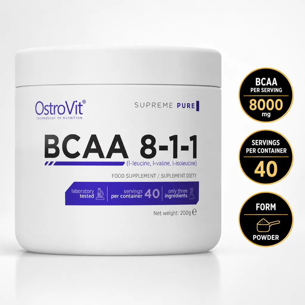 OstroVit BCAA 8-1-1 unflavoured powder supplement in a 200g white container with 8:1:1 BCAA formula