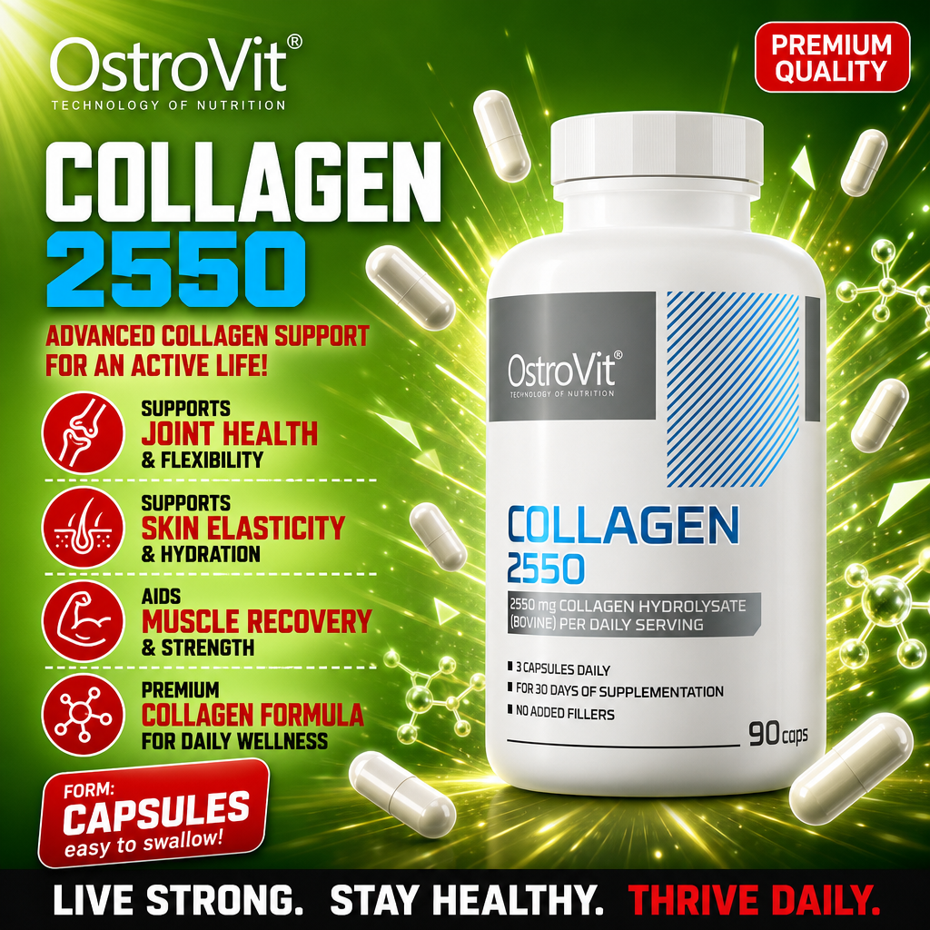 OstroVit Collagen 2550 capsules, a dietary supplement with 2550 mg collagen hydrolysate per daily serving, 90 capsules per bottle, designed to support joint health, skin elasticity, and muscle recovery.