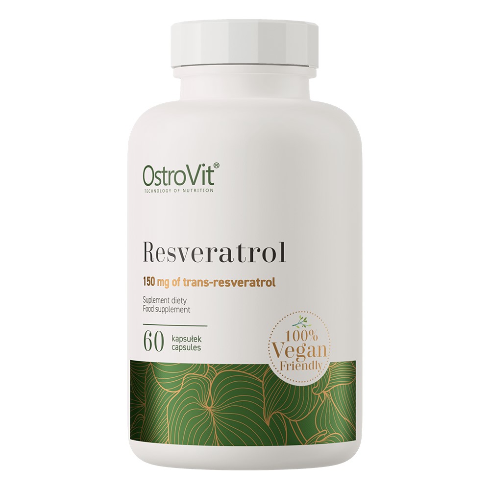 OstroVit Resveratrol 60 capsules vegan-friendly dietary supplement with 150 mg of trans-resveratrol per serving, in a white bottle with green and gold accents.
