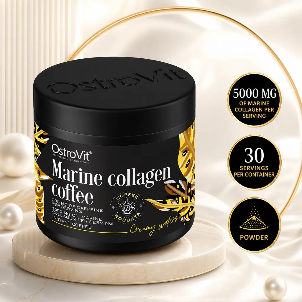 OstroVit Marine Collagen Coffee powder, creamy wafer flavour, with 5000 mg marine collagen and 200 mg caffeine per serving