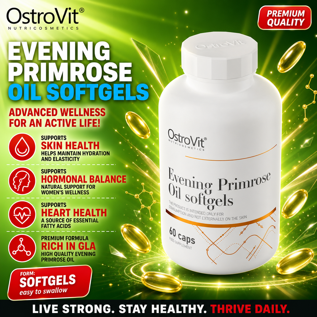 OstroVit Evening Primrose Oil 60 Softgels bottle, white plastic container with yellow and blue label, 60 capsules