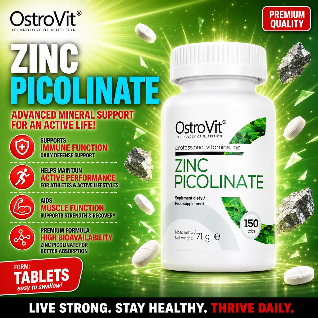 OstroVit Zinc Picolinate 150 tabs, a dietary supplement in tablet form designed to support immune function, muscle function, and active performance, with high bioavailability. The packaging is predominantly white with green accents.