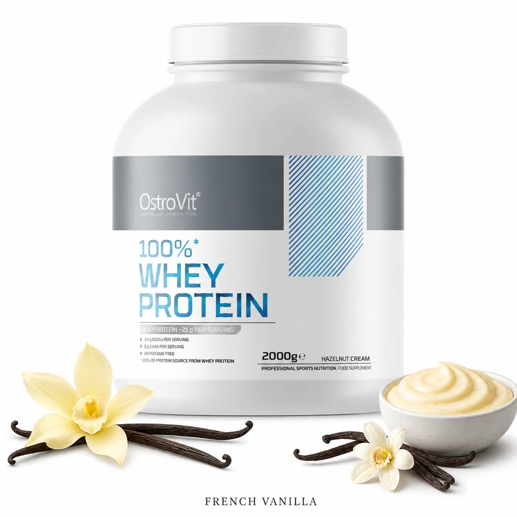 OstroVit 100% Whey Protein 2000g French Vanilla is a high-quality whey protein supplement in a large white container, featuring vanilla flavour and designed for muscle support.