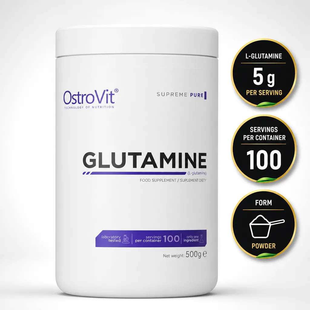 OstroVit Glutamine 500g unflavoured powder supplement with 100% L-glutamine, 100 servings and 5g per serving