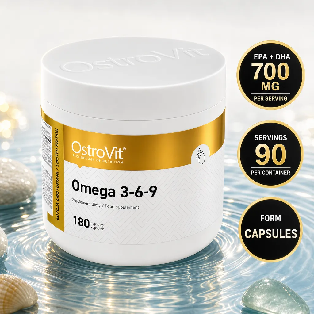 OstroVit Omega 3-6-9 dietary supplement with omega fatty acid blend, vitamin E, and 180 capsules in a white and gold container