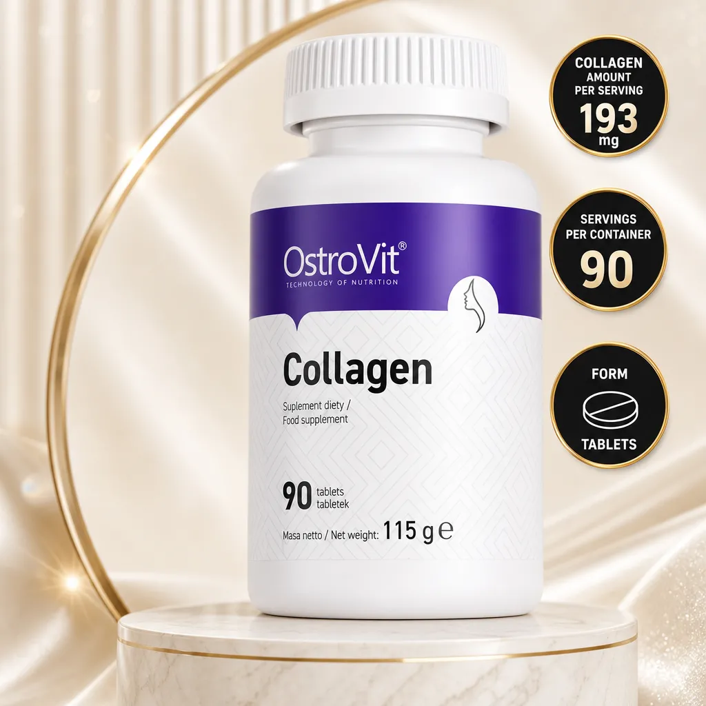 OstroVit Collagen 90 Tabs hydrolyzed collagen supplement in tablet form, with 90 tablets in a white container
