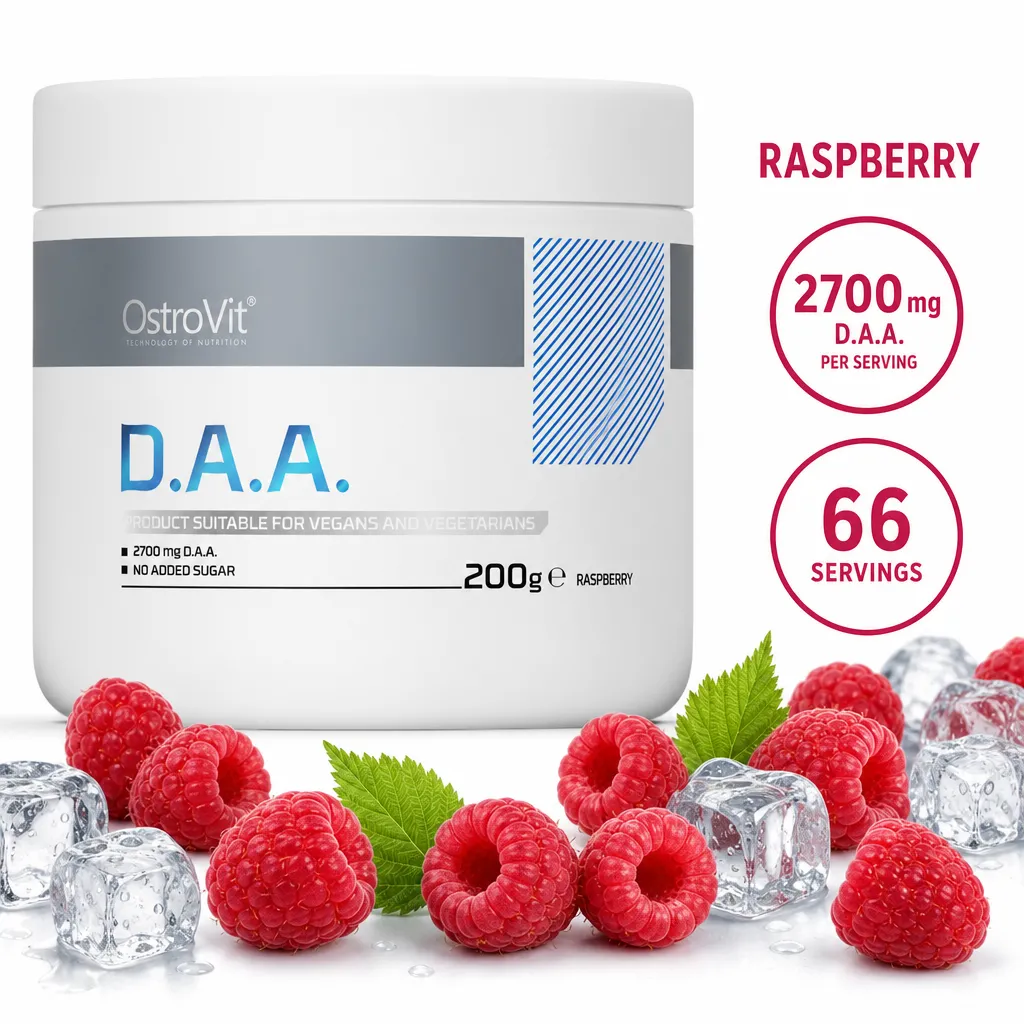 OstroVit D.A.A. 200g raspberry-flavoured D-aspartic acid powder supplement with 2,700 mg per serving and 66 servings
