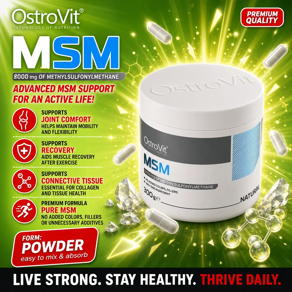 OstroVit MSM 300g methylsulfonylmethane powder supplement, unflavoured, for joint comfort, recovery, and connective tissue support, in a white container with green background.