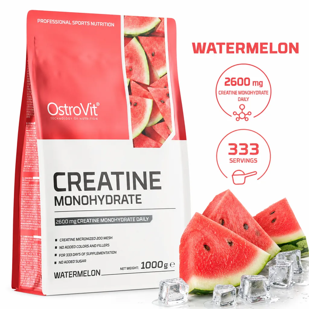 OstroVit Creatine Monohydrate 1000g watermelon-flavoured micronized powder with 2600mg per serving and 333 servings.