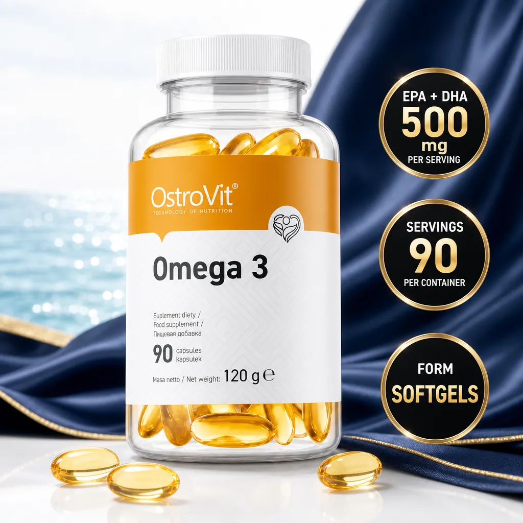 OstroVit Omega 3 90 Caps fish oil supplement with 90 yellow softgel capsules in a 120 g bottle