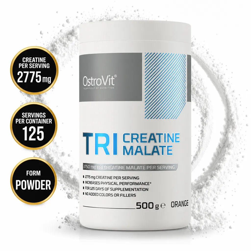 OstroVit Tri Creatine Malate 500g is an orange-flavoured creatine powder supplement in a white tub.