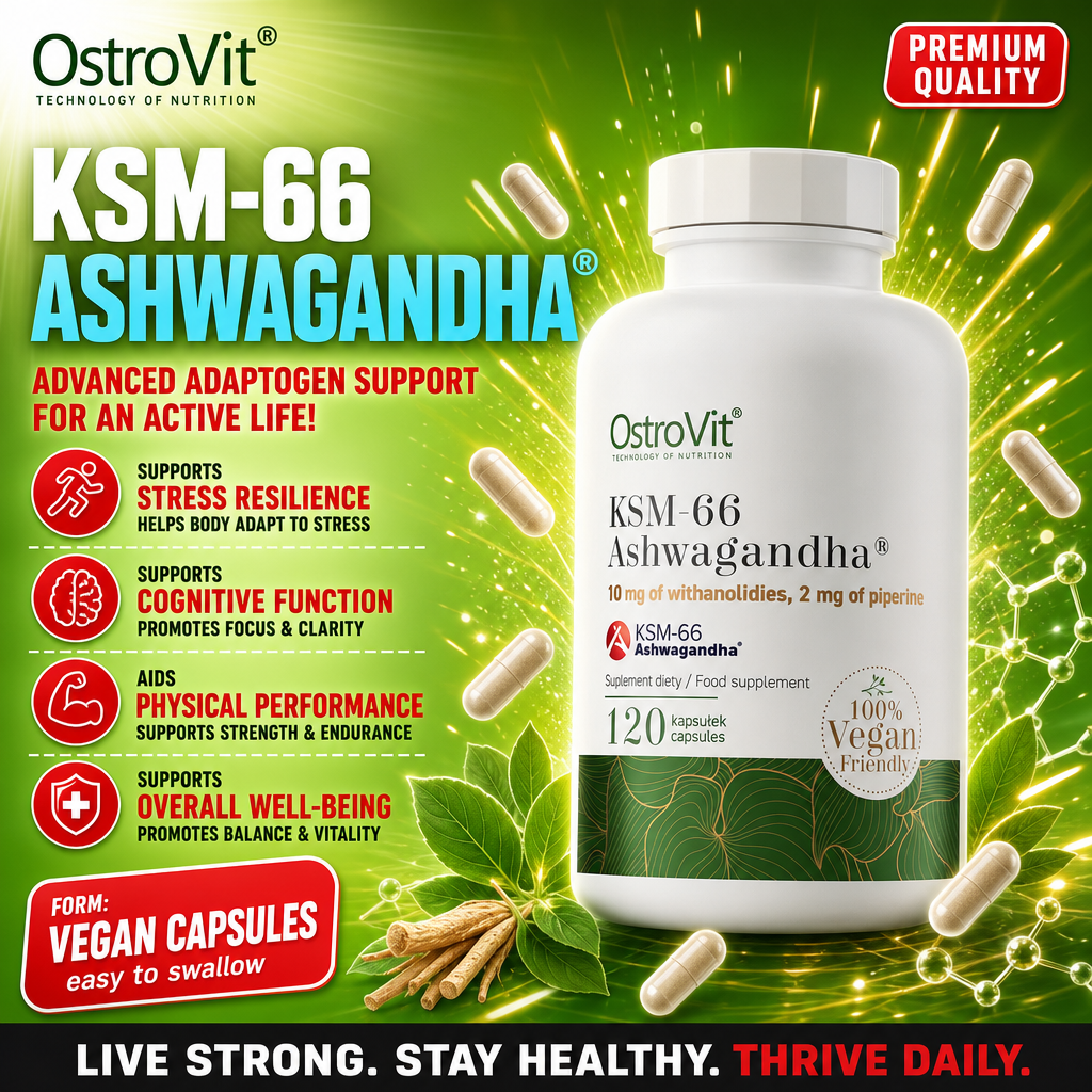 OstroVit KSM-66 Ashwagandha 120 Vege Capsules, vegan-friendly adaptogen supplement with 10 mg withanolides and 2 mg piperine, supports stress resilience, cognitive function, and overall well-being.