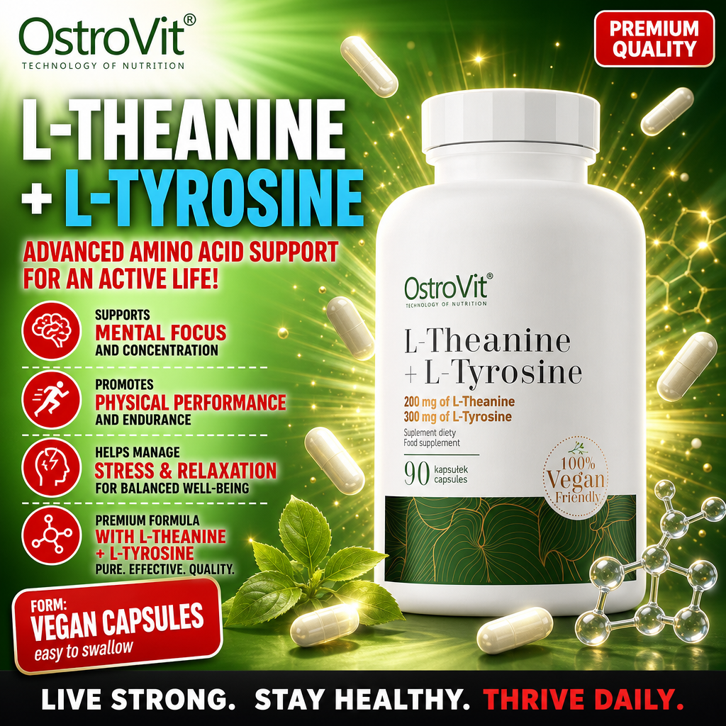OstroVit L-Theanine + L-Tyrosine 90 vegan capsules, an amino acid supplement for mental focus, physical performance, and stress management, in a white and green bottle.