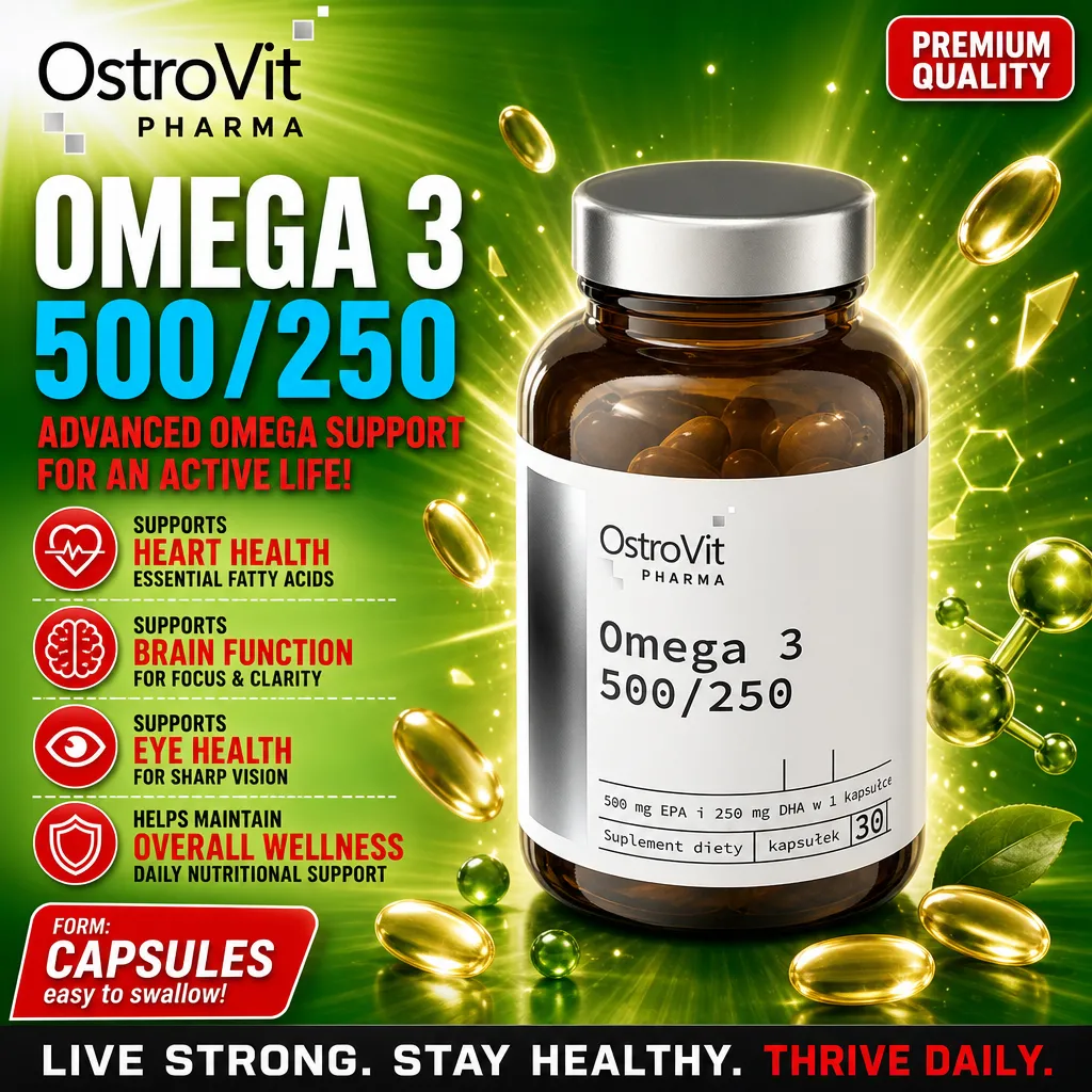OstroVit Pharma Omega 3 500/250 capsules, dietary supplement with 500 mg EPA and 250 mg DHA per capsule, 30-count bottle, supports heart, brain, and eye health.