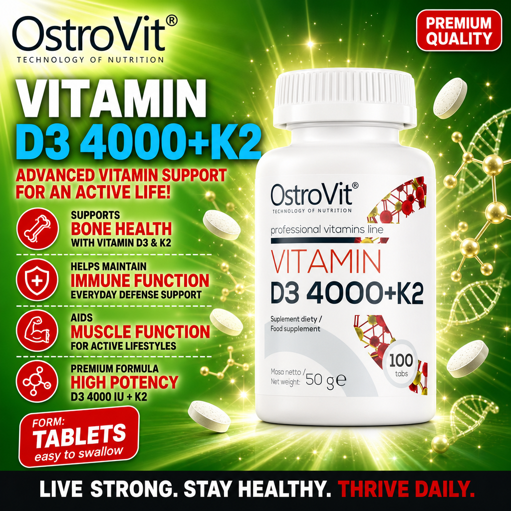 OstroVit Vitamin D3 4000+K2 100 tabs, high potency vitamin supplement with D3 and K2, supports bone health, immune function, and muscle function, in tablet form, white bottle with green background.