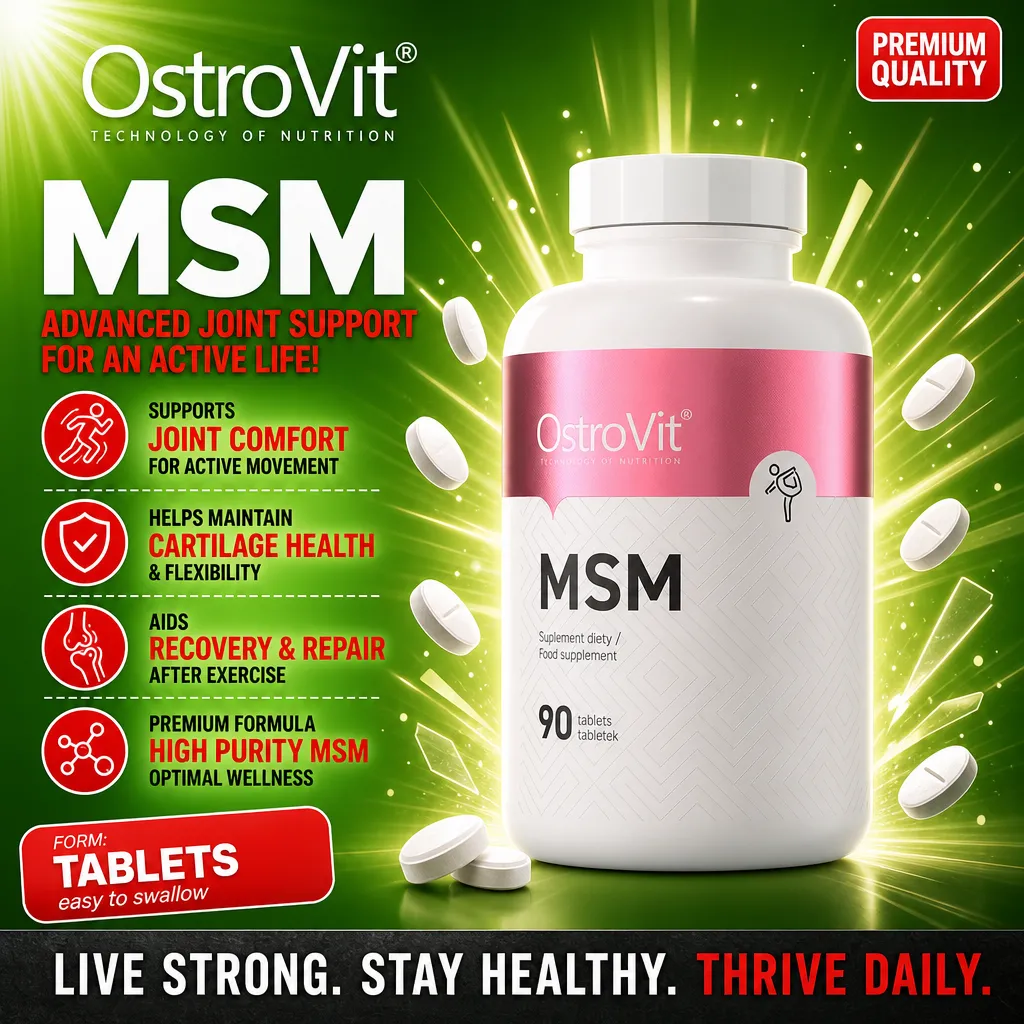 OstroVit MSM 90 tablets dietary supplement for joint support, featuring high purity MSM in tablet form, with a white and pink bottle on a green background.