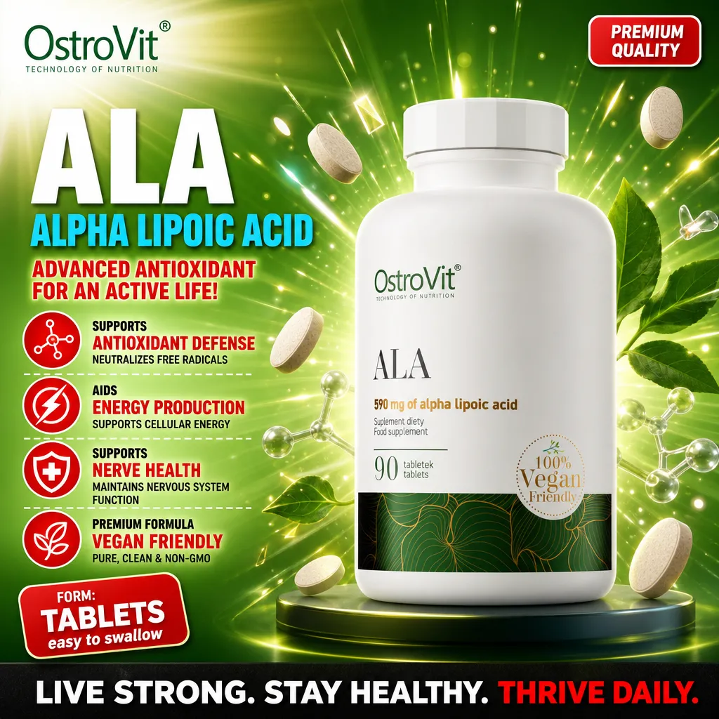 OstroVit ALA 90 tablets alpha lipoic acid supplement, 590 mg per tablet, vegan friendly formula, antioxidant support, white bottle with green accents.