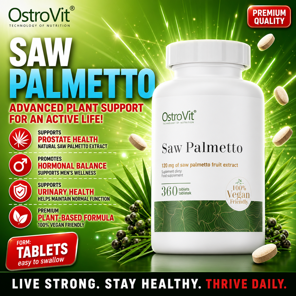 OstroVit Saw Palmetto 360 tablets, a plant-based dietary supplement with 120 mg of saw palmetto fruit extract per tablet, 100% vegan friendly, supporting prostate health, hormonal balance, and urinary health.