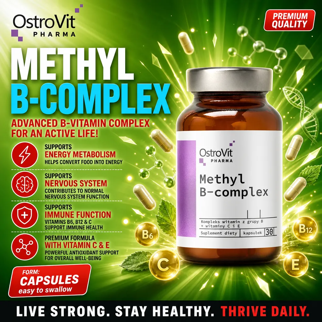 OstroVit Pharma Methyl B-Complex 30 Caps, advanced B-vitamin complex supplement with vitamins C and E, supports energy metabolism, nervous system, and immune function, in capsule form.