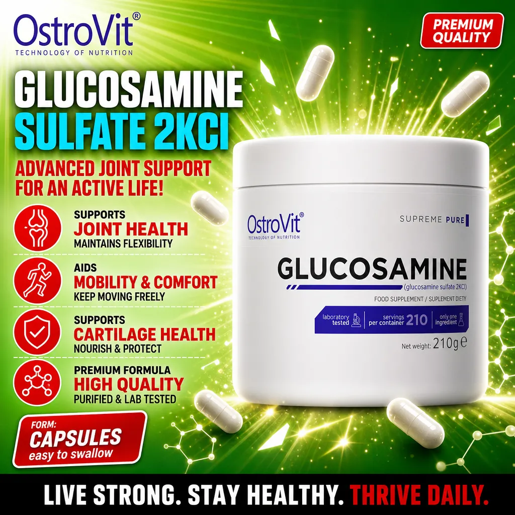 OstroVit Glucosamine 210g joint support supplement, unflavoured powder, laboratory tested, supports joint, cartilage, and mobility health, in a white container with green background.
