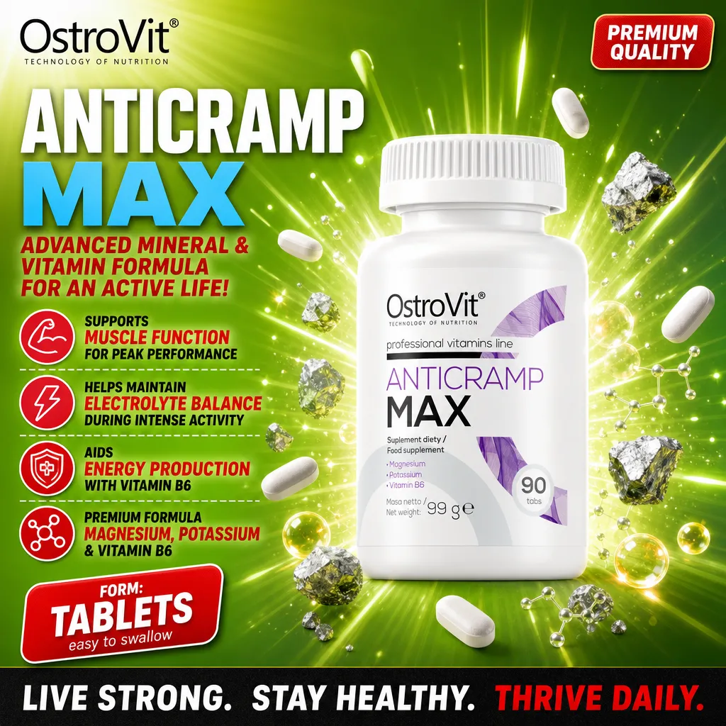 OstroVit Anticramp Max 90 tabs magnesium, potassium, and vitamin B6 supplement for muscle function, electrolyte balance, and energy production, in tablet form, with a green background.