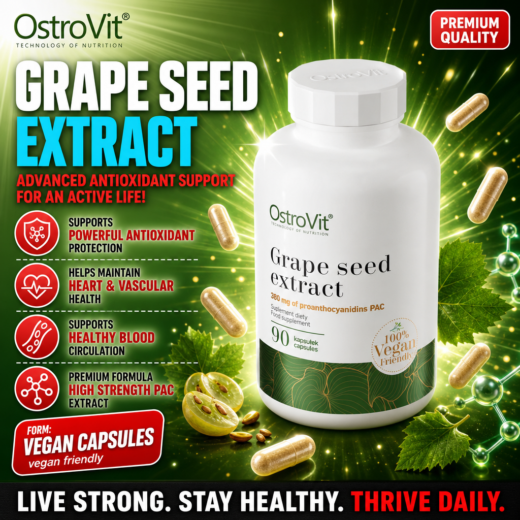 OstroVit Grape Seed Extract 90 vegan capsules, a dietary supplement with 380 mg proanthocyanidins PAC, 100% vegan friendly, for antioxidant support.