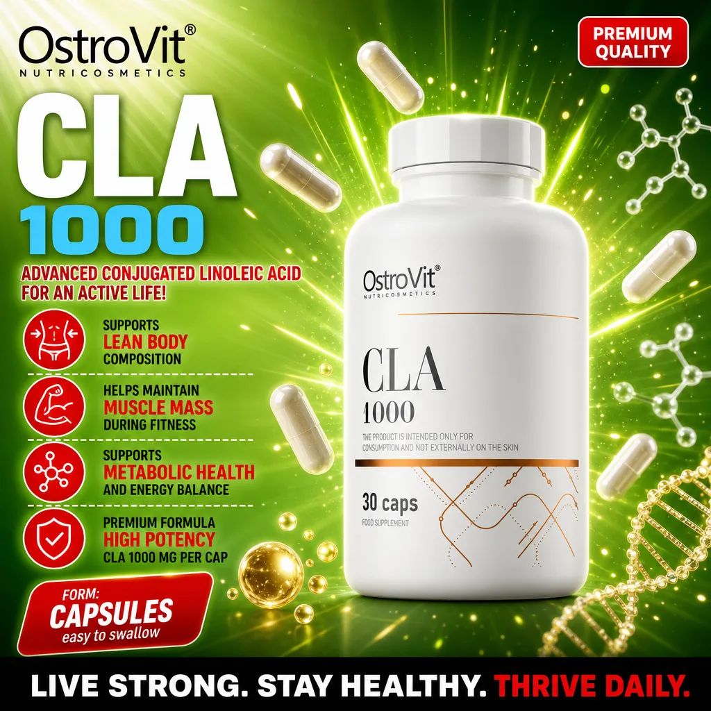 OstroVit CLA 1000 30 caps dietary supplement, conjugated linoleic acid capsules for metabolic health and muscle maintenance, white bottle with green background.