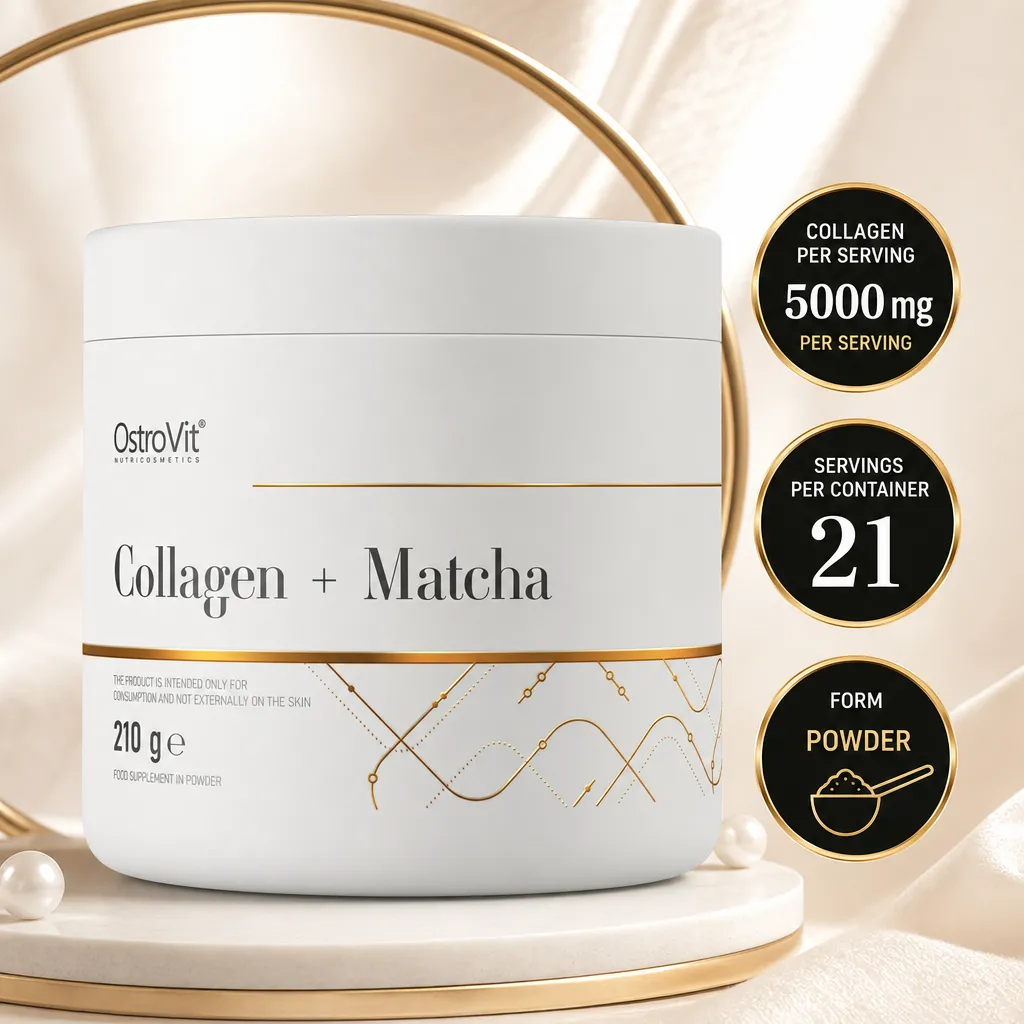 OstroVit Collagen + Matcha 210g is a powdered supplement with hydrolysed fish collagen and matcha in a white tub.