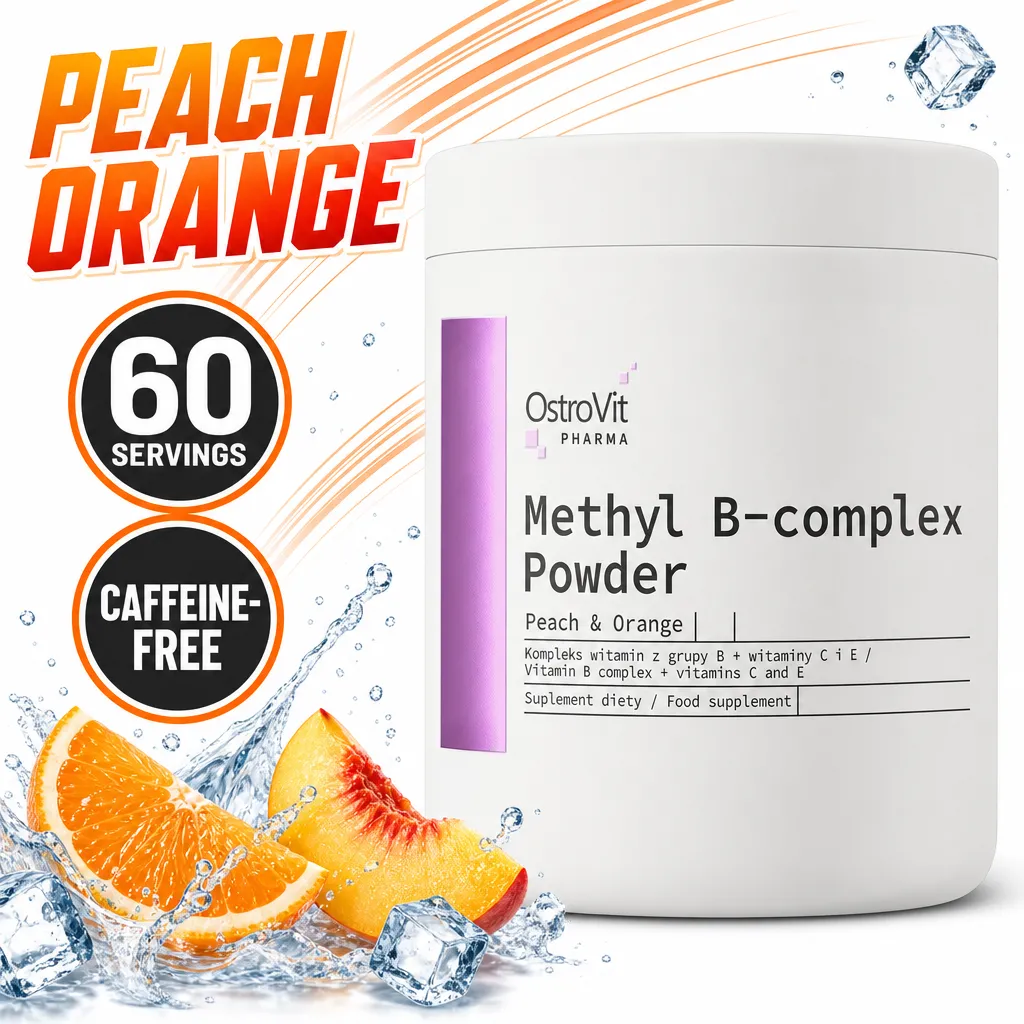 OstroVit Pharma Methyl B-complex Powder, peach and orange flavoured supplement in a 180g tub with 60 servings