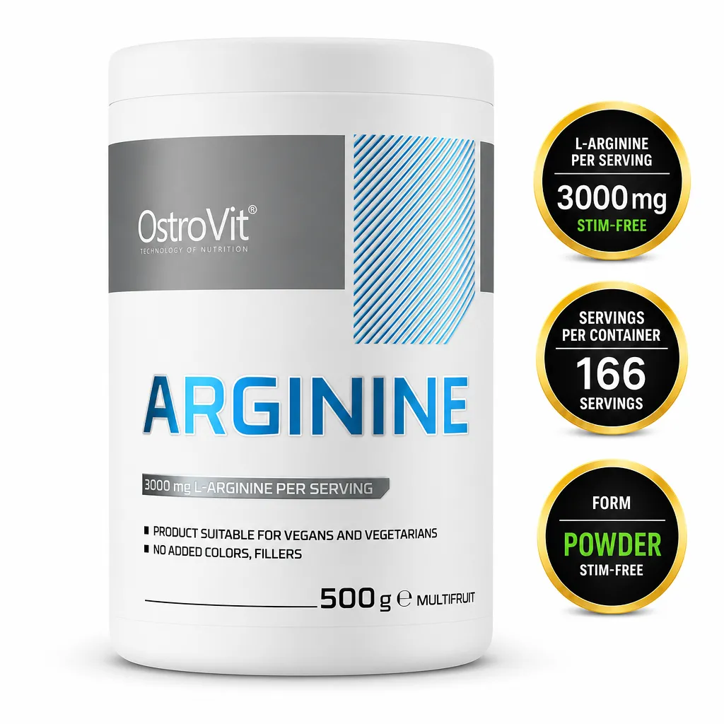 OstroVit Arginine 500g L-arginine powder supplement, multifruit flavour, 3000 mg per serving, in a white tub