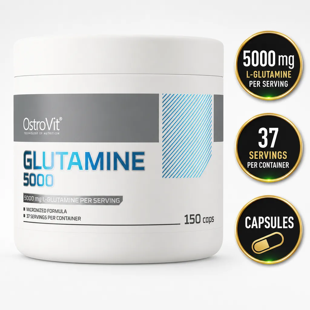 OstroVit Glutamine 5000 dietary supplement capsules, 150 caps, with 5000 mg L-glutamine per serving in a white container