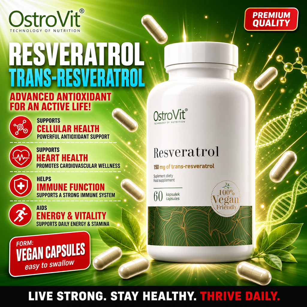 OstroVit Resveratrol 60 vegan capsules, a dietary supplement with 150 mg of trans-resveratrol per capsule, supporting cellular health, heart health, immune function, and energy. 100% vegan-friendly, in a green-themed bottle.