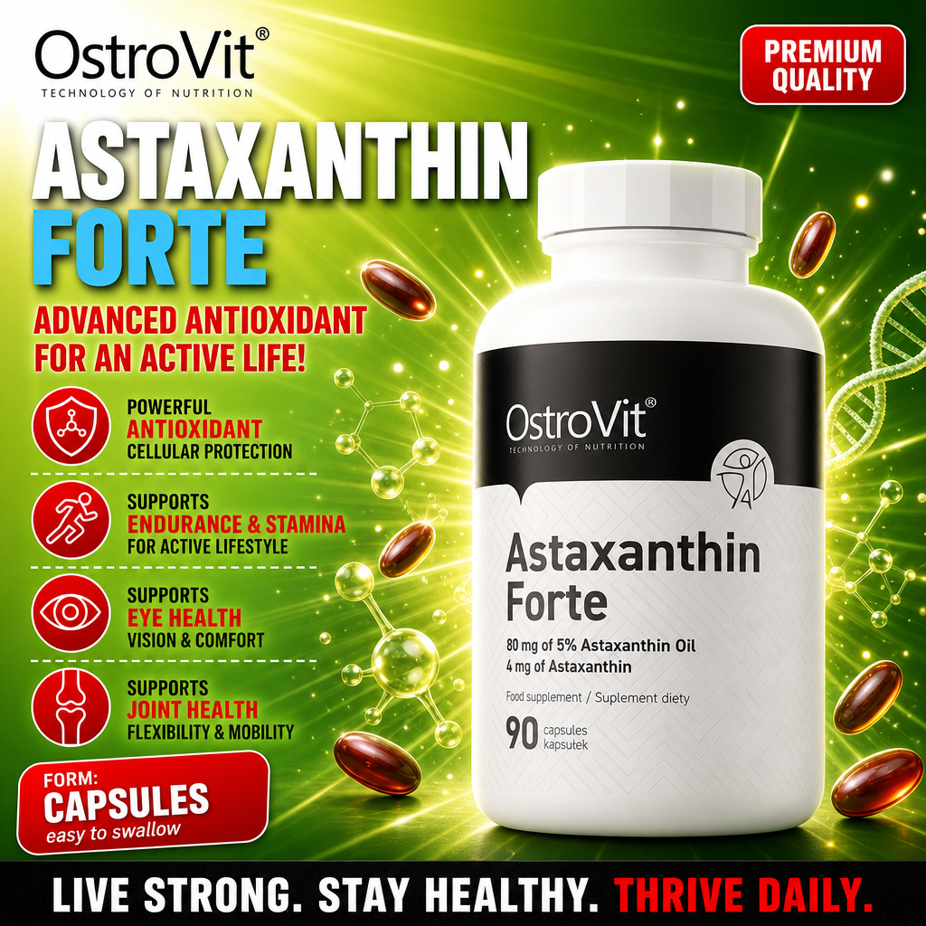 OstroVit Astaxanthin Forte 90 capsules antioxidant supplement, supports cellular protection, endurance, eye health, and joint health, in capsule form, white bottle with black label on a green background.