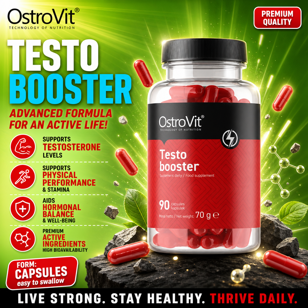 OstroVit Testo Booster 90 capsules testosterone support supplement with advanced formula, shown in a clear bottle with red capsules and a black and red label.