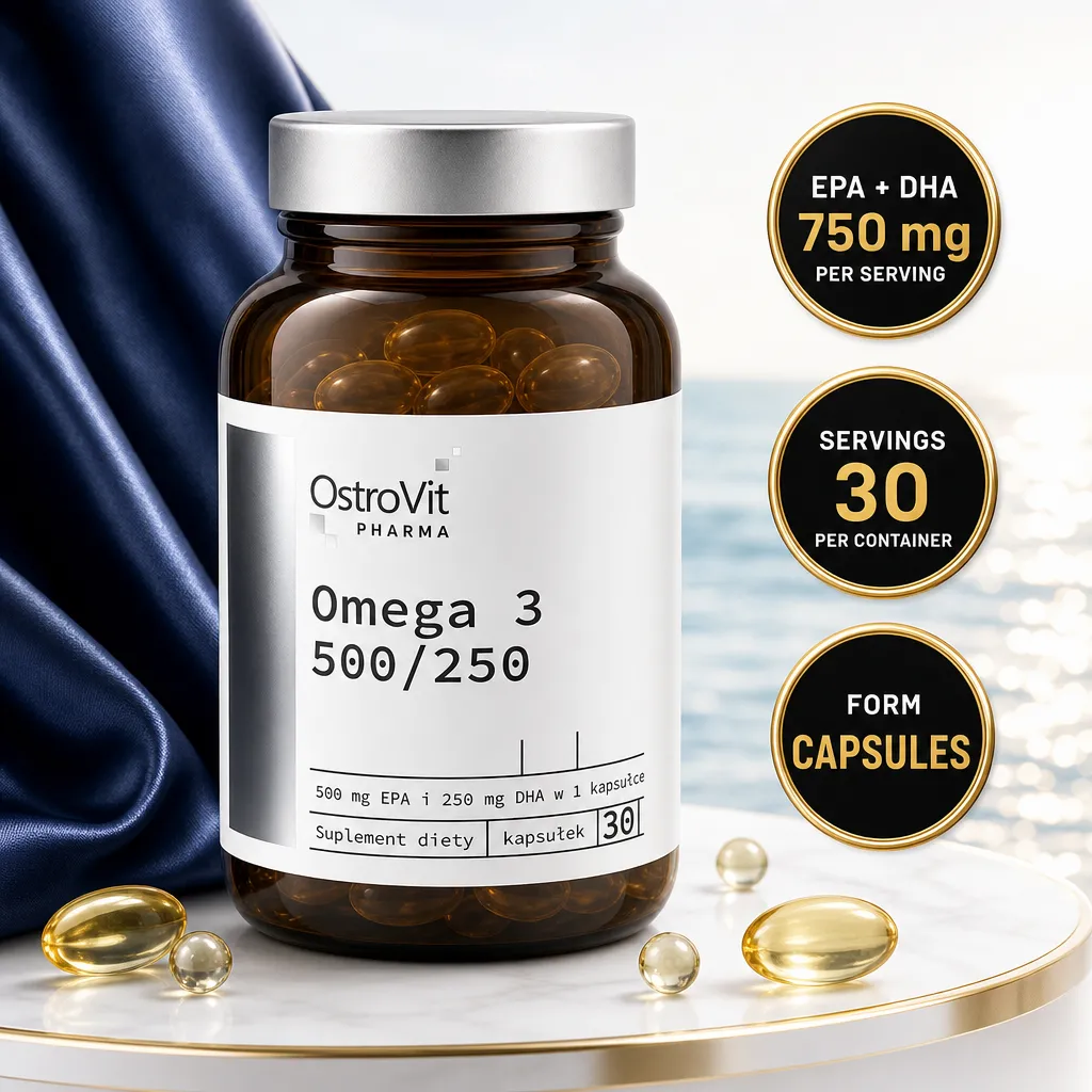 OstroVit Pharma Omega 3 500/250 fish oil supplement in capsules, 30 servings with 500 mg EPA and 250 mg DHA per capsule