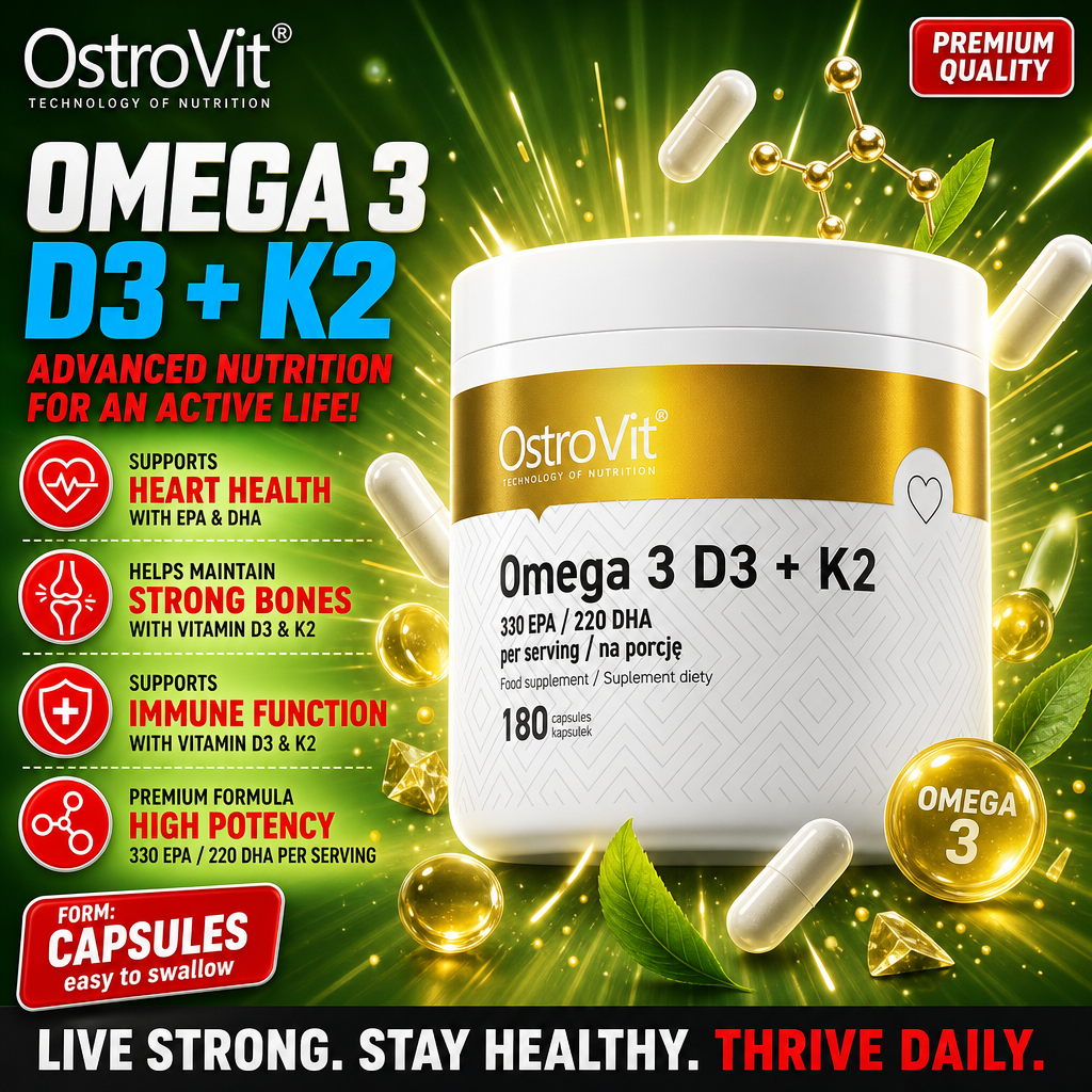 OstroVit Omega 3 D3 + K2 180 capsules, high potency EPA and DHA supplement with vitamins D3 and K2, for heart, bone, and immune health, in capsule form with gold and white packaging.
