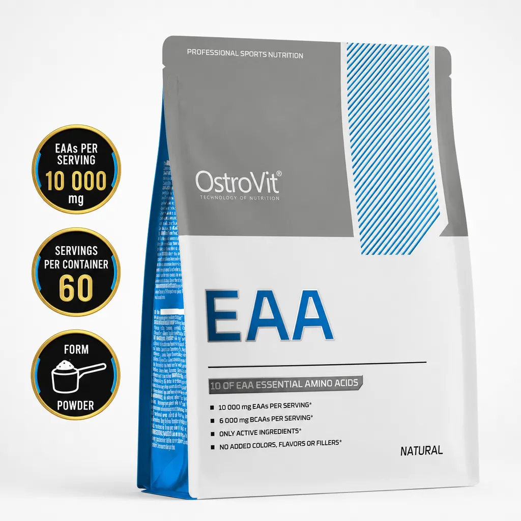 OstroVit EAA 600g unflavoured essential amino acid powder in a white and grey pouch with blue accents