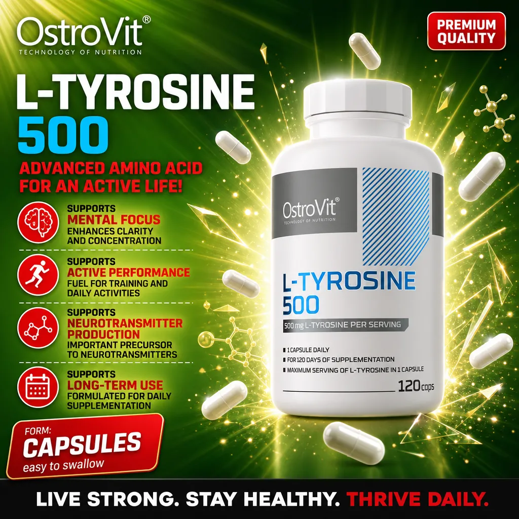 OstroVit L-Tyrosine 500 120 caps amino acid supplement in capsule form, 500 mg per serving, designed to support mental focus, active performance, neurotransmitter production, and long-term use. White bottle with blue and grey accents.