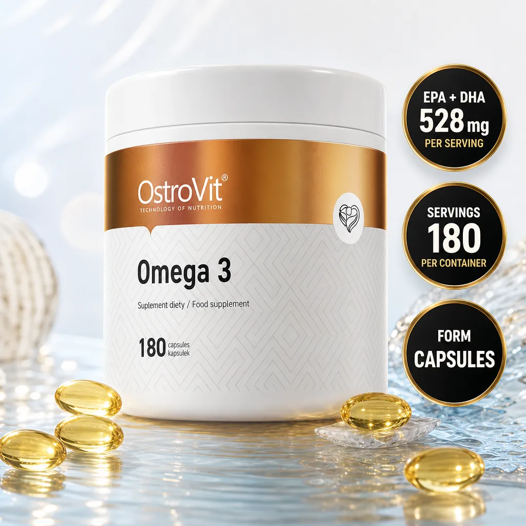 OstroVit Omega 3 fish oil supplement with 180 softgel capsules and EPA and DHA, shown in a white and gold container.