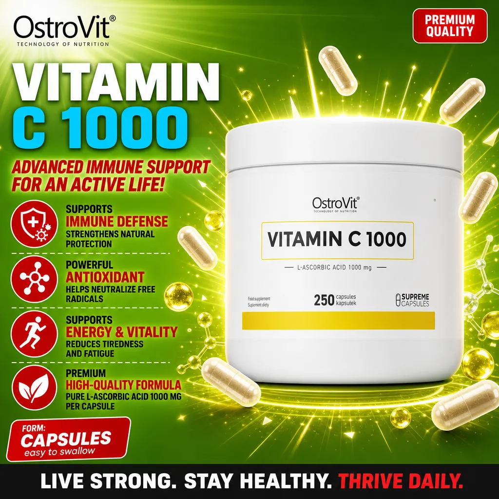 OstroVit Vitamin C 1000 250 capsules, a high-strength vitamin C supplement in capsule form, designed to support immune defense, antioxidant protection, and energy. White container with yellow accents.