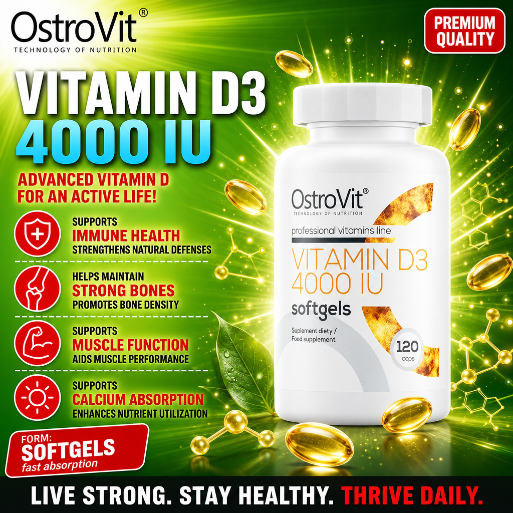 OstroVit Vitamin D3 4000 IU softgels, 120-capsule bottle, high-strength vitamin D supplement for immune health, strong bones, muscle function, and calcium absorption, with fast absorption softgel form. Dominant green and white design.