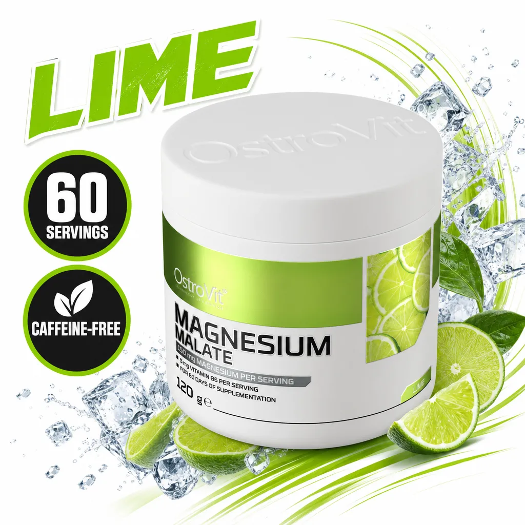 OstroVit Magnesium Malate 120g lime-flavoured magnesium malate powder supplement with 60 servings in a white tub