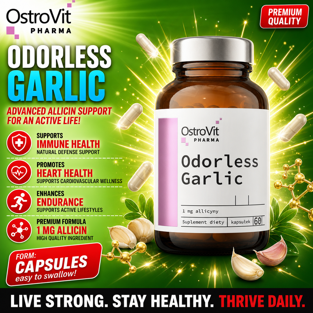 OstroVit Pharma Odorless Garlic 60 Caps dietary supplement, odorless garlic capsules with 1 mg allicin per serving, designed to support immune and heart health, in a brown glass bottle with a white label.