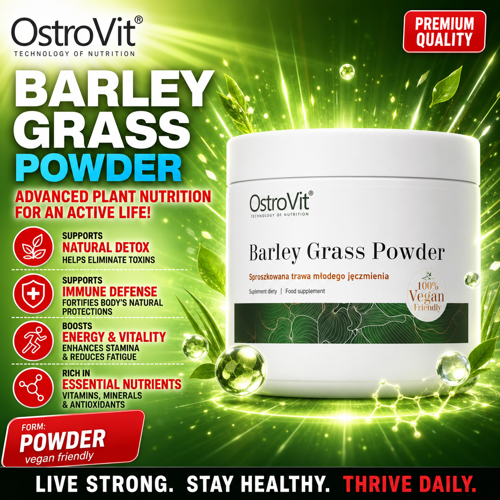 OstroVit Barley Grass Powder 100% vegan-friendly dietary supplement, rich in essential nutrients, vitamins, minerals, and antioxidants, in powder form with green-themed packaging.