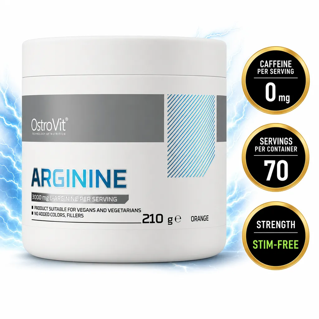 OstroVit Arginine 210g is an orange-flavoured L-arginine powder supplement in a white tub.