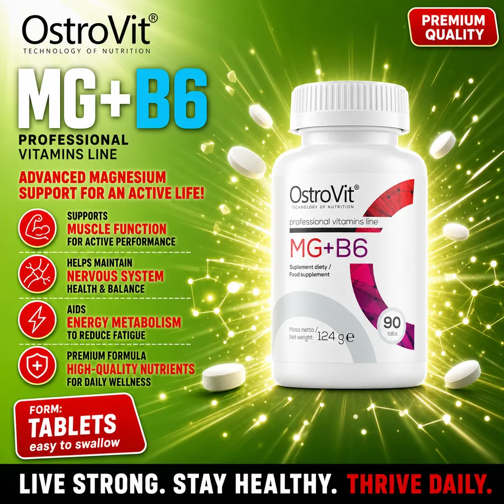OstroVit MG+B6 90 tabs magnesium and vitamin B6 supplement in tablet form, professional vitamins line, white bottle with red and purple accents, for muscle, nervous system, and energy metabolism support.